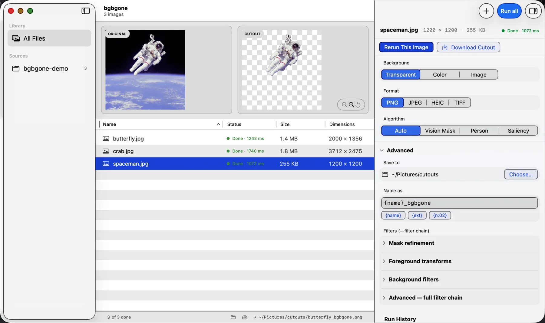 The bgbgone Mac app: a Finder-style window showing three demo photographs processed into transparent cutouts, with an original-versus-cutout preview pane and an algorithm inspector on the right